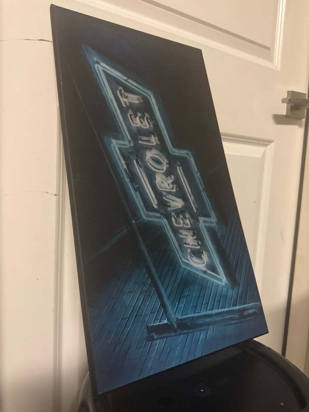 Vintage Style Chevrolet Neon Blue Bowtie Logo Canvas Wall Art